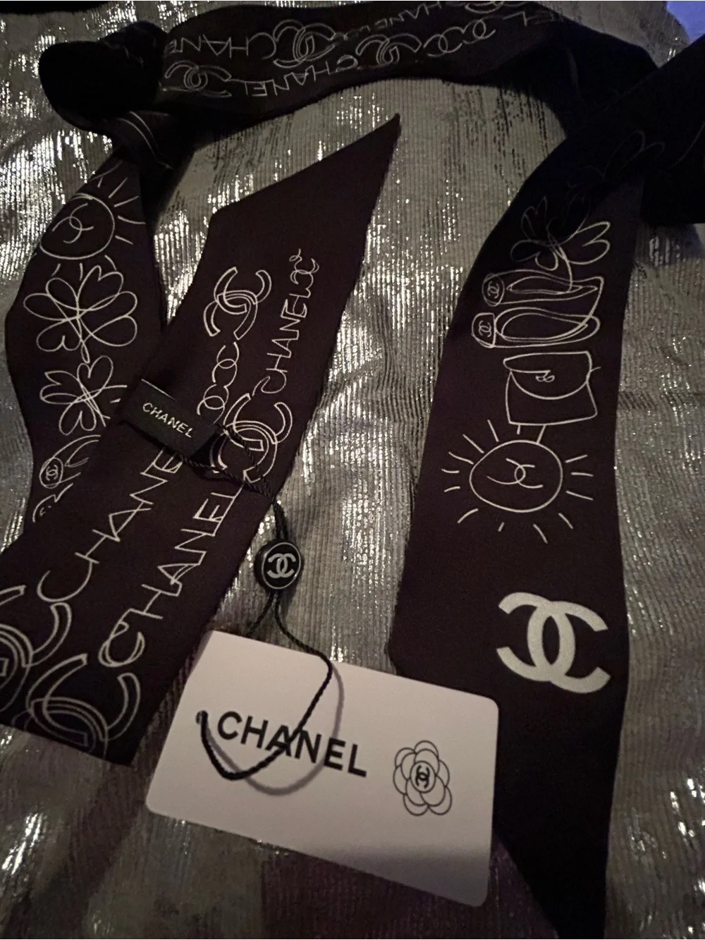 Black and White 100% Silk Elegant Twilly Scarf